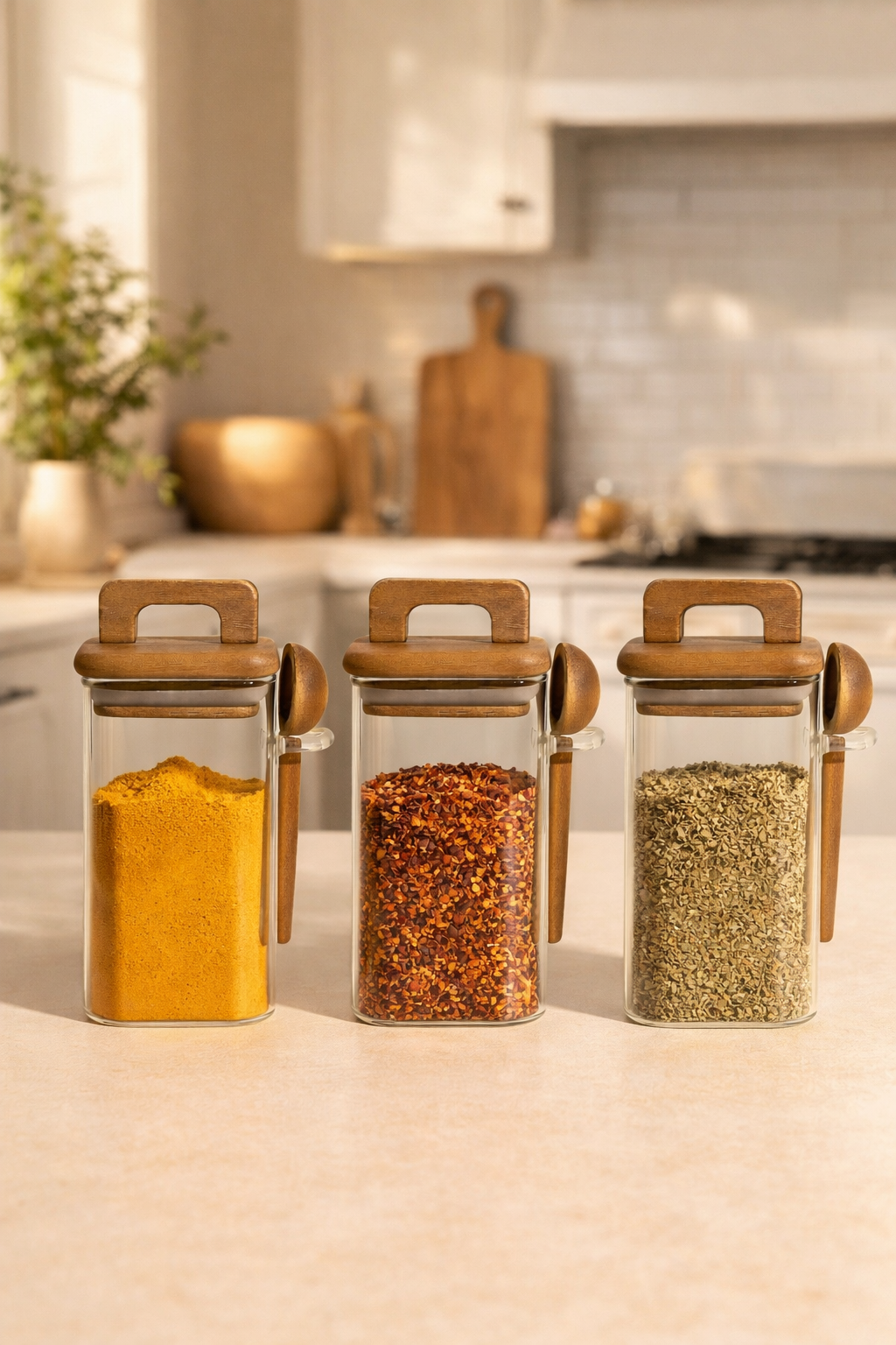 Akasya Conta Kapaklı Kaşıklı 3'lü Borosilikat 450ml Kare Kavanoz Seti KW-793