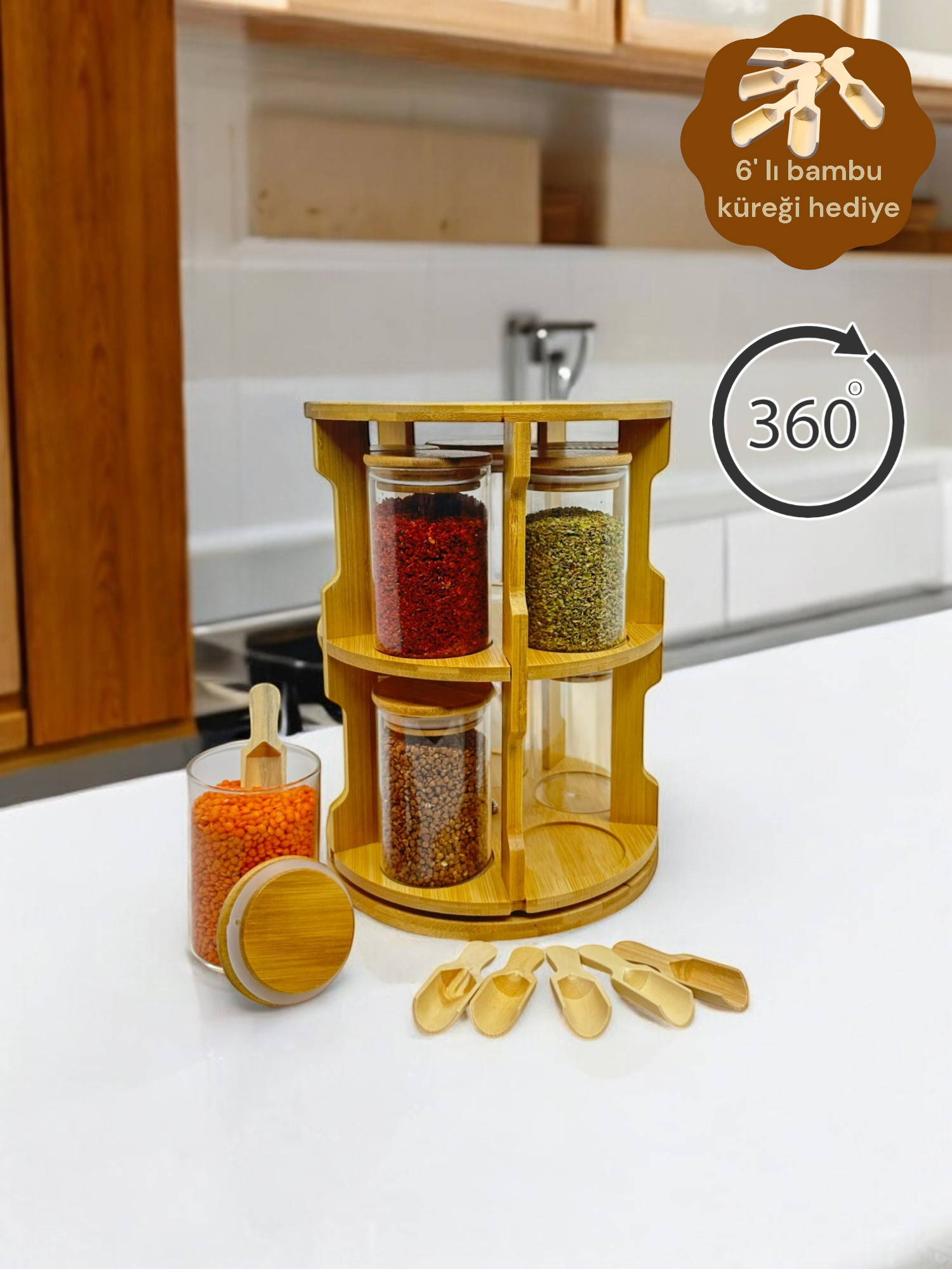 Baharat Standı 10 Lu Set 360 Derece Dönebilen Bambu Kapaklı Kavanoz Standı KW-368