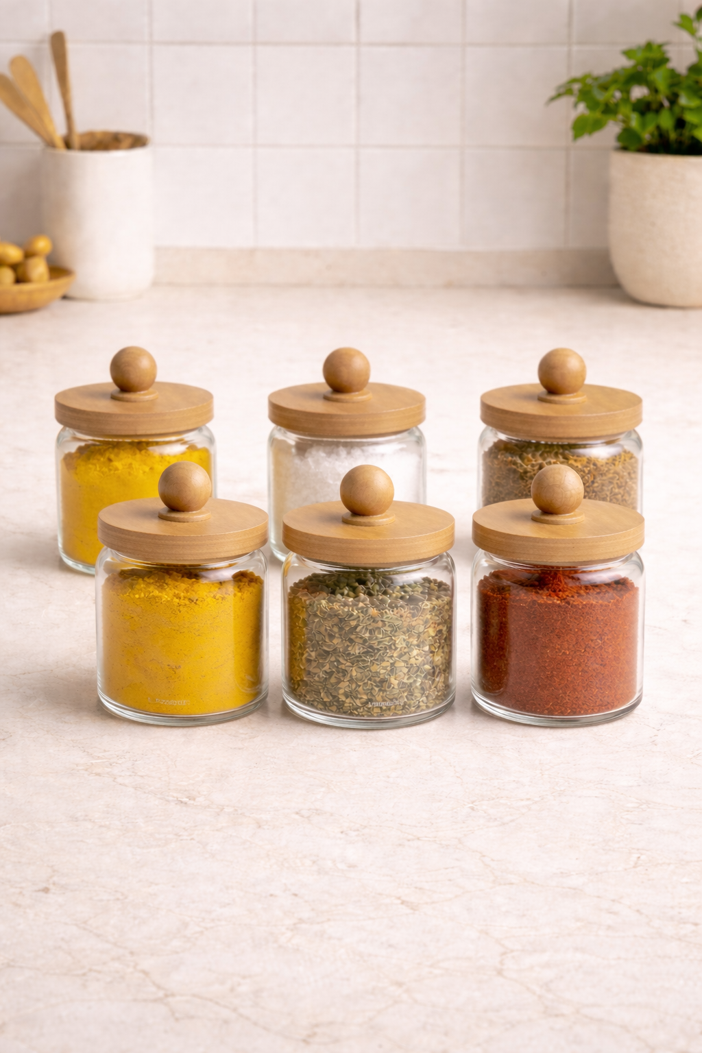 Bambu Conta Kapaklı 6'lı Borosilikat 450ml Kavanoz Set KW-747