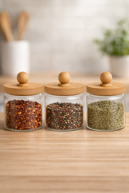 Bambu Conta Kapaklı 3'lü Borosilikat 450ml Kavanoz Set KW-747