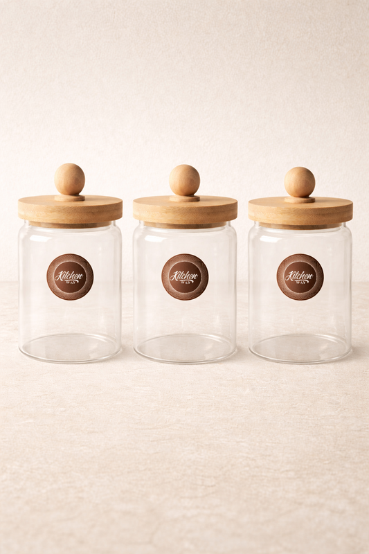 Bambu Conta Kapaklı 3'lü Borosilikat Cam 600ml Kavanoz Seti KW-748