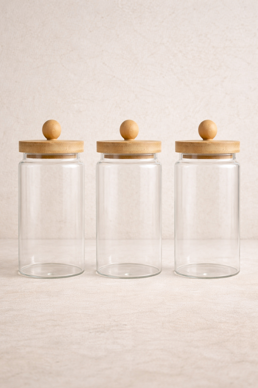 Bambu Conta Kapaklı 3'lü Borosilikat Cam Kavanoz Set KW-749