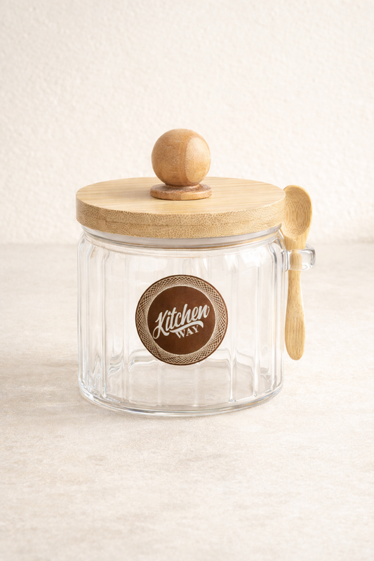 Bambu Contalı Kaşıklı Çizgili 3'lü Cam 400ml Kavanoz Doğal Ahşap Kapaklı Saklama Kavanozu Set KW-756