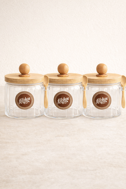 Bambu Contalı Kaşıklı Çizgili 3'lü Cam 400ml Kavanoz Doğal Ahşap Kapaklı Saklama Kavanozu Set KW-756