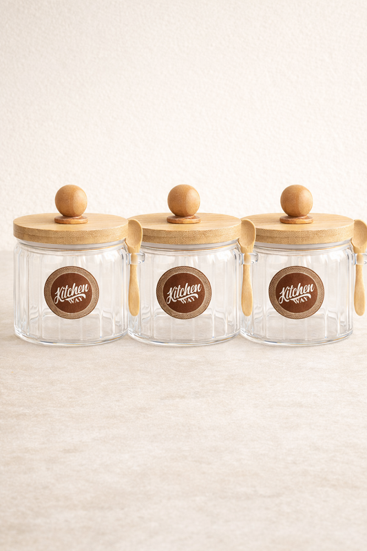 Bambu Contalı Kaşıklı Çizgili 3'lü Cam 400ml Kavanoz Doğal Ahşap Kapaklı Saklama Kavanozu Set KW-756