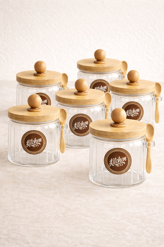 Bambu Contalı Kaşıklı Çizgili 6'lı Cam 400ml Kavanoz Doğal Ahşap Kapaklı Saklama Kavanozu Set KW-756