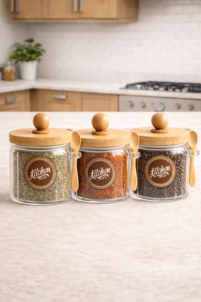Bambu Contalı Kaşıklı Çizgili 3'lü Cam 400ml Kavanoz Doğal Ahşap Kapaklı Saklama Kavanozu Set KW-756
