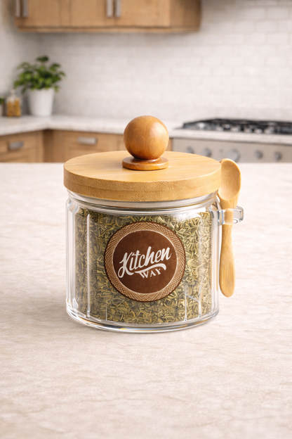 Bambu Contalı Kaşıklı Çizgili 6'lı Cam 400ml Kavanoz Doğal Ahşap Kapaklı Saklama Kavanozu Set KW-756