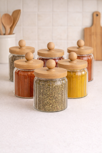 Bambu Conta Kapaklı Çizgili 3'lü Borosilikat 400ml Kavanoz Seti KW-765