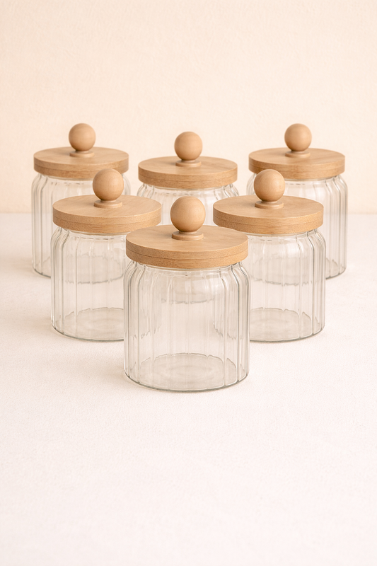 Bambu Conta Kapaklı Çizgili 6'lı Borosilikat 400ml Kavanoz Seti KW-765