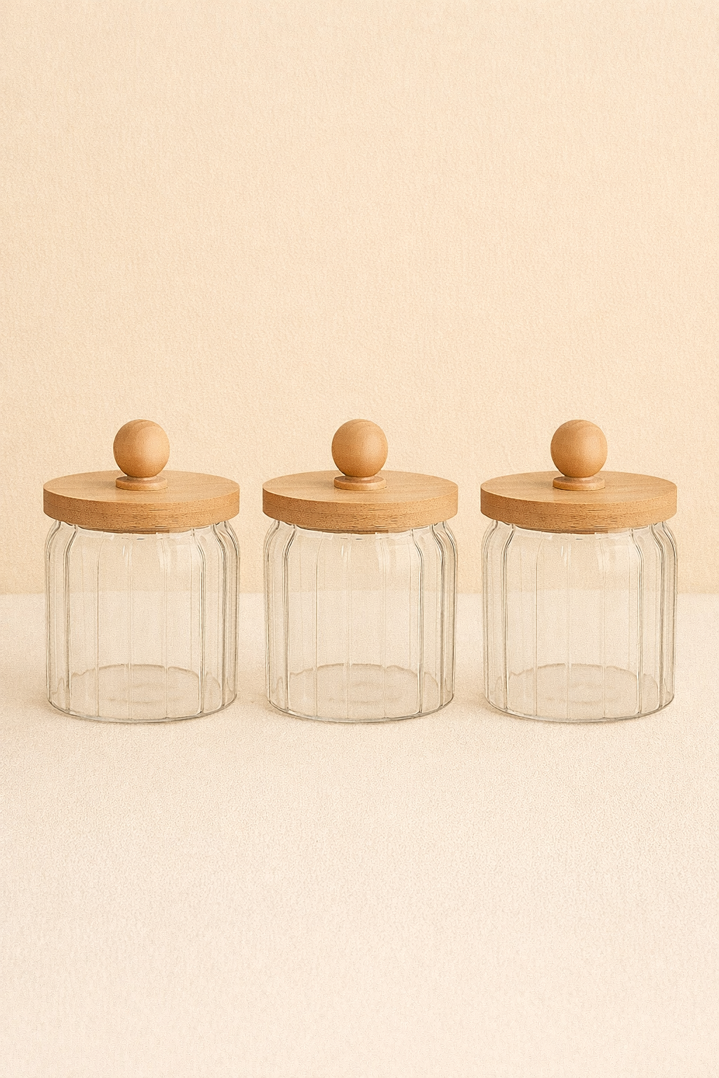 Bambu Conta Kapaklı Çizgili 3'lü Borosilikat 400ml Kavanoz Seti KW-765