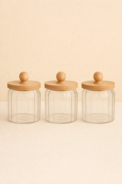 Bambu Conta Kapaklı Çizgili 3'lü Borosilikat 400ml Kavanoz Seti KW-765