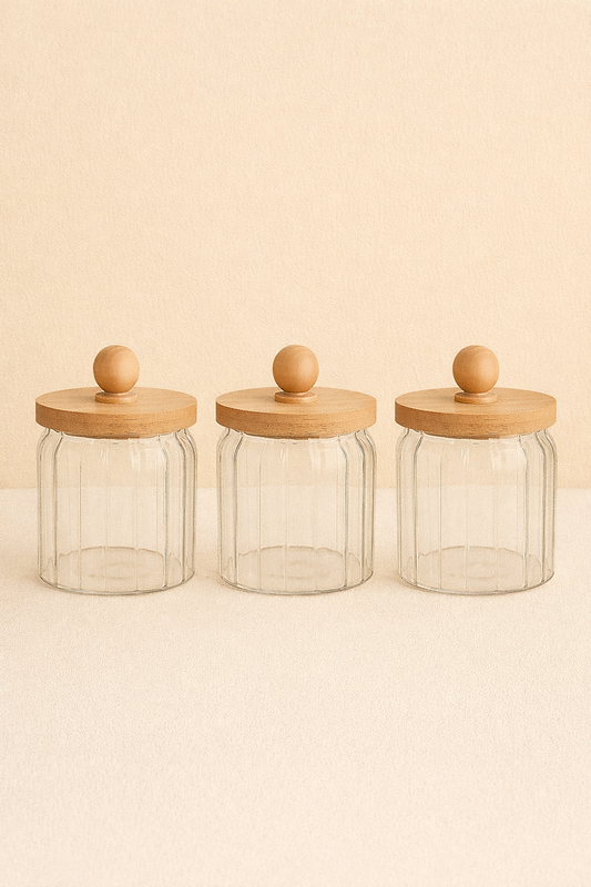 Bambu Conta Kapaklı Çizgili 3'lü Borosilikat 400ml Kavanoz Seti KW-765