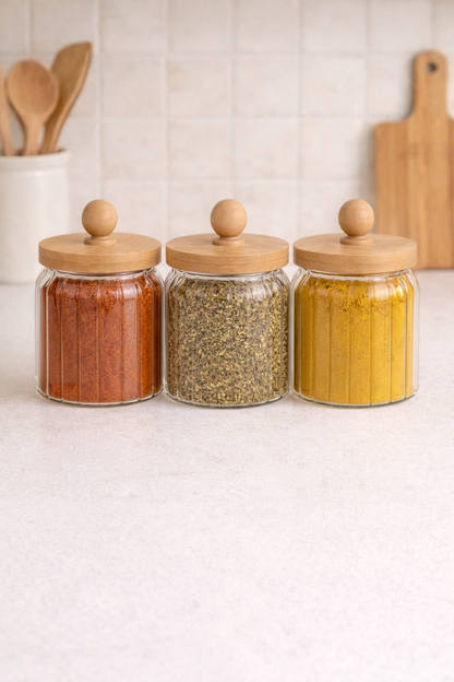 Bambu Conta Kapaklı Çizgili 3'lü Borosilikat 400ml Kavanoz Seti KW-765