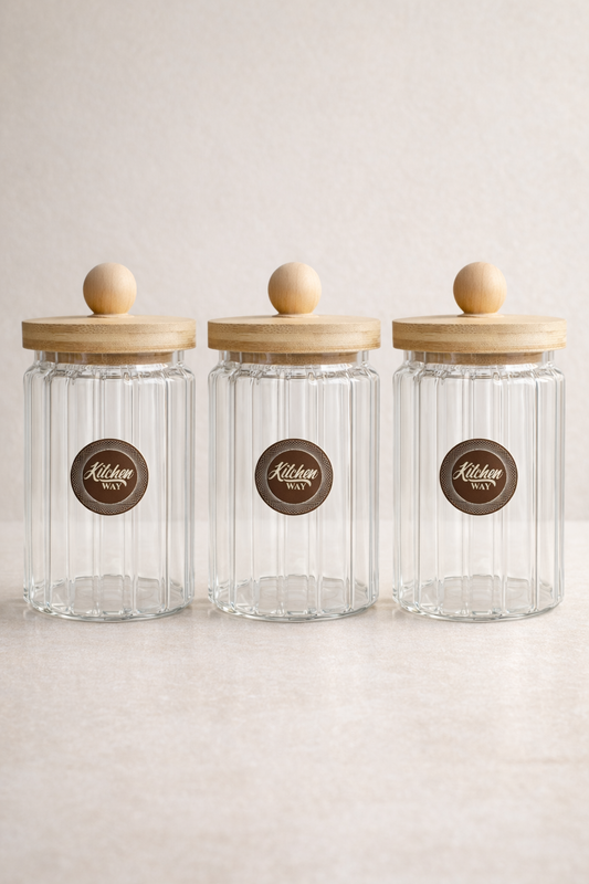 Bambu Conta Kapaklı Çizgili 3'lü Borosilikat 750ml Kavanoz Seti KW-767