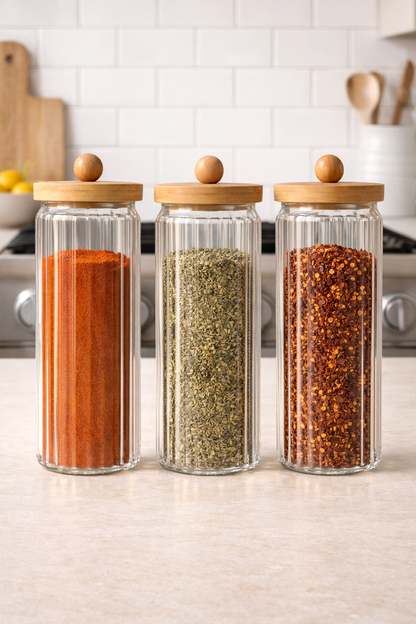 Bambu Conta Kapaklı Çizgili 3'lü Borosilikat 1500ml Kavanoz Seti KW-769