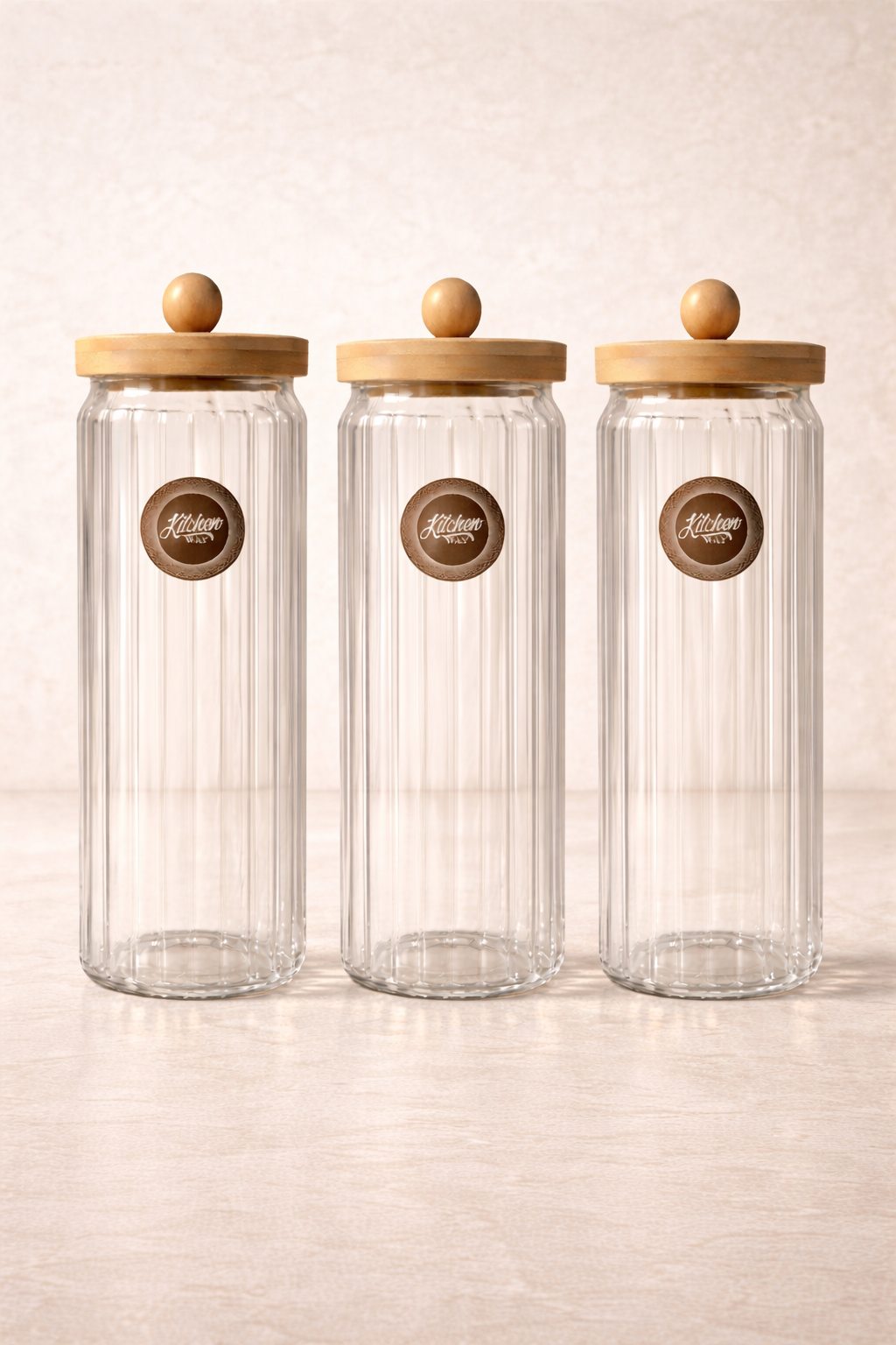 Bambu Conta Kapaklı Çizgili 3'lü Borosilikat 1500ml Kavanoz Seti KW-769