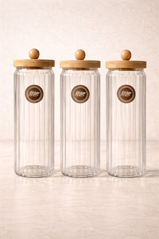 Bambu Conta Kapaklı Çizgili 3'lü Borosilikat 1500ml Kavanoz Seti KW-769