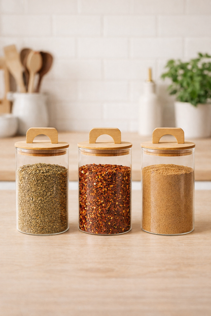 Bambu Conta Kapaklı 3'lü Borosilikat 1000ml Kavanoz Seti KW-774