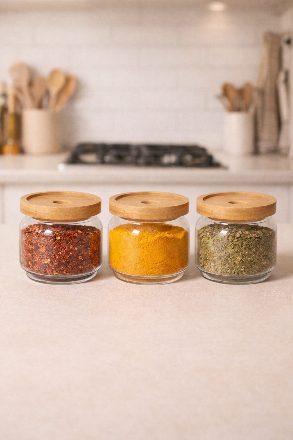 Bambu Conta Kapaklı 3'lü Borosilikat 350ml Kavanoz Seti KW-787