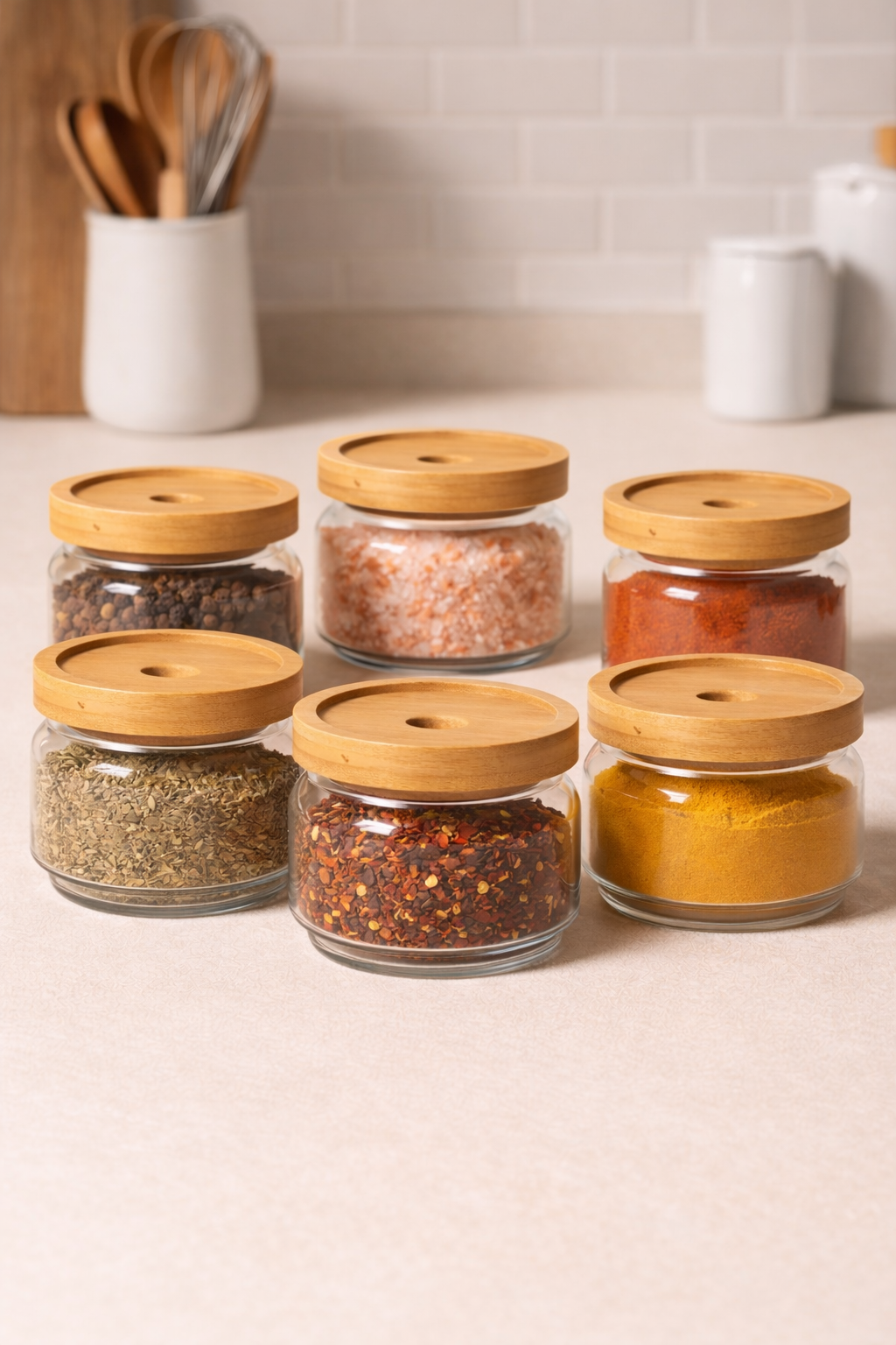 Bambu Conta Kapaklı 6'lı Borosilikat 350ml Kavanoz Seti KW-787