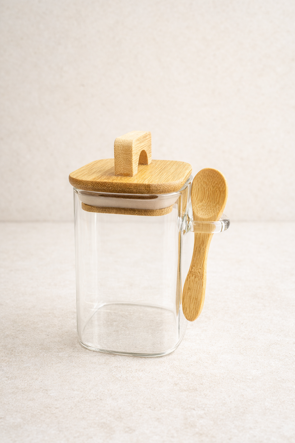 Akasya Conta Kapaklı Kaşıklı Borosilikat 300ml Kare Kavanoz KW-795