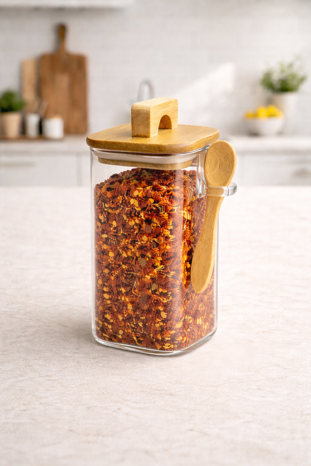 Akasya Conta Kapaklı Kaşıklı Borosilikat 300ml Kare Kavanoz KW-795