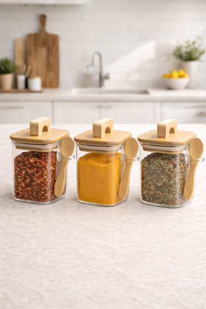 Akasya Conta Kapaklı Kaşıklı 3'lü Borosilikat 300ml Kare Kavanoz Seti KW-795