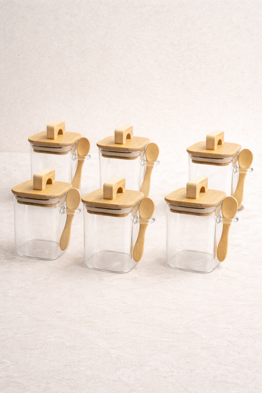 Akasya Conta Kapaklı Kaşıklı 6'lı Borosilikat 300ml Kare Kavanoz Seti KW-795