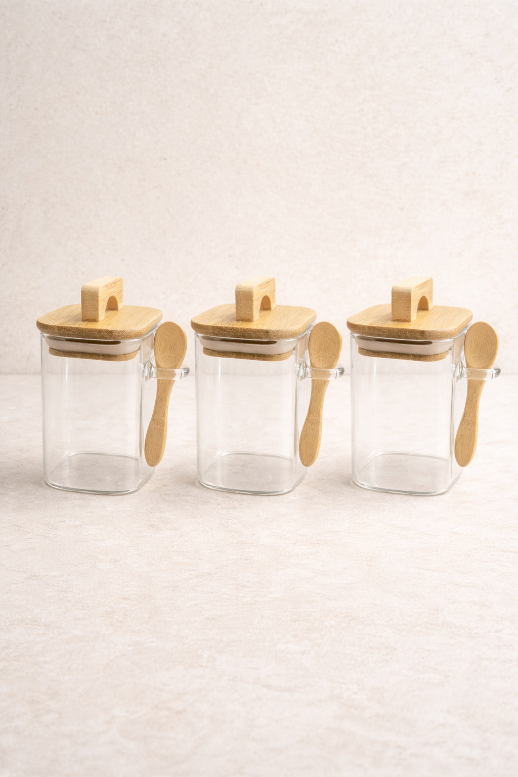 Akasya Conta Kapaklı Kaşıklı 3'lü Borosilikat 300ml Kare Kavanoz Seti KW-795