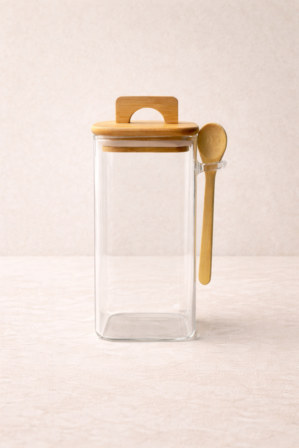 Bambu Conta Kapaklı Kaşıklı Borosilikat 250ml Kare Kavanoz KW-796