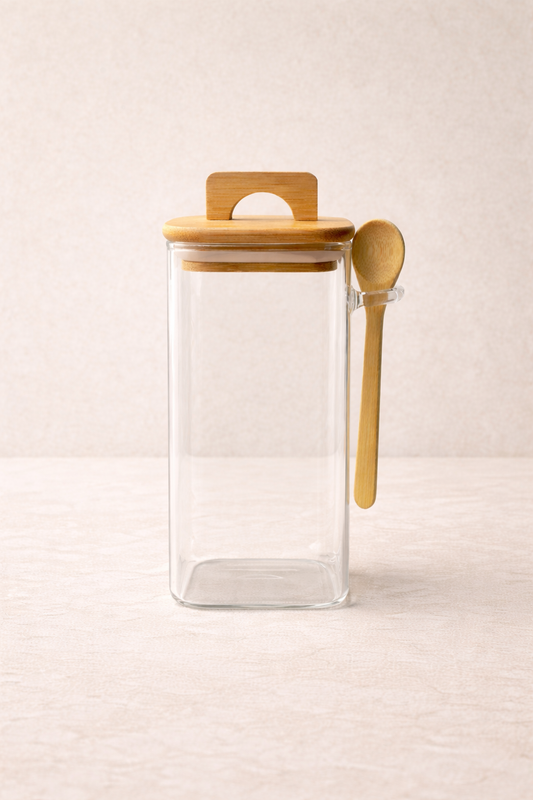 Bambu Conta Kapaklı Kaşıklı Borosilikat 250ml Kare Kavanoz KW-796