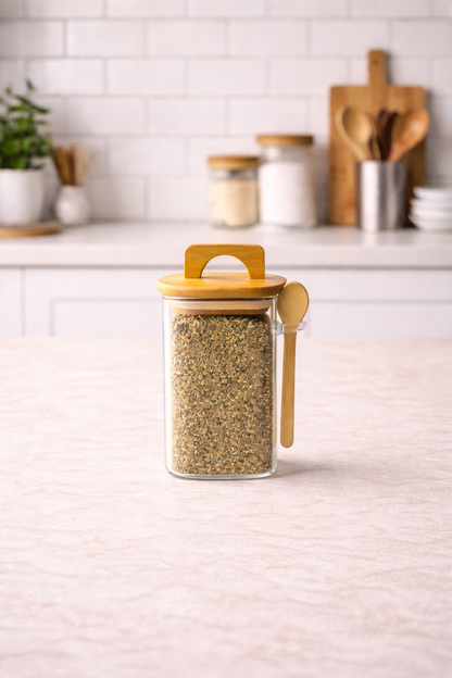 Bambu Conta Kapaklı Kaşıklı Borosilikat 250ml Kare Kavanoz KW-796
