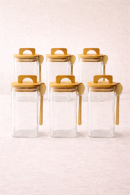 Bambu Conta Kapaklı Kaşıklı 6'lı Borosilikat 250ml Kare Kavanoz Seti KW-796