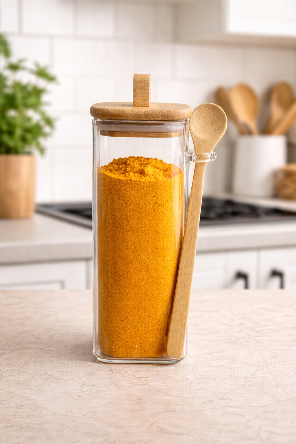 Bambu Conta Kapaklı Kaşıklı Borosilikat 400ml Kare Kavanoz KW-797