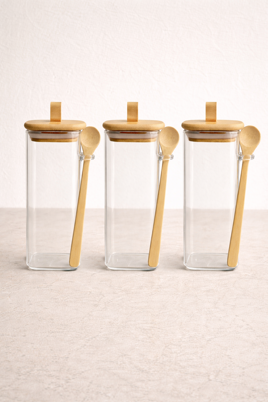 Bambu Conta Kapaklı Kaşıklı 3'lü Borosilikat 400ml Kare Kavanoz Seti KW-797