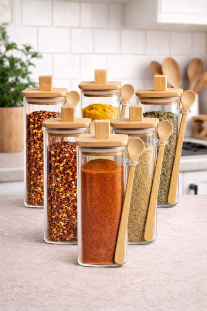 Bambu Conta Kapaklı Kaşıklı 6'lı Borosilikat 400ml Kare Kavanoz Seti KW-797