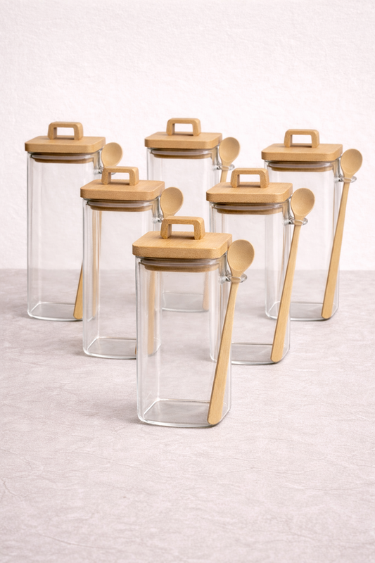 Bambu Conta Kapaklı Kaşıklı 6'lı Borosilikat 400ml Kare Kavanoz Seti KW-797