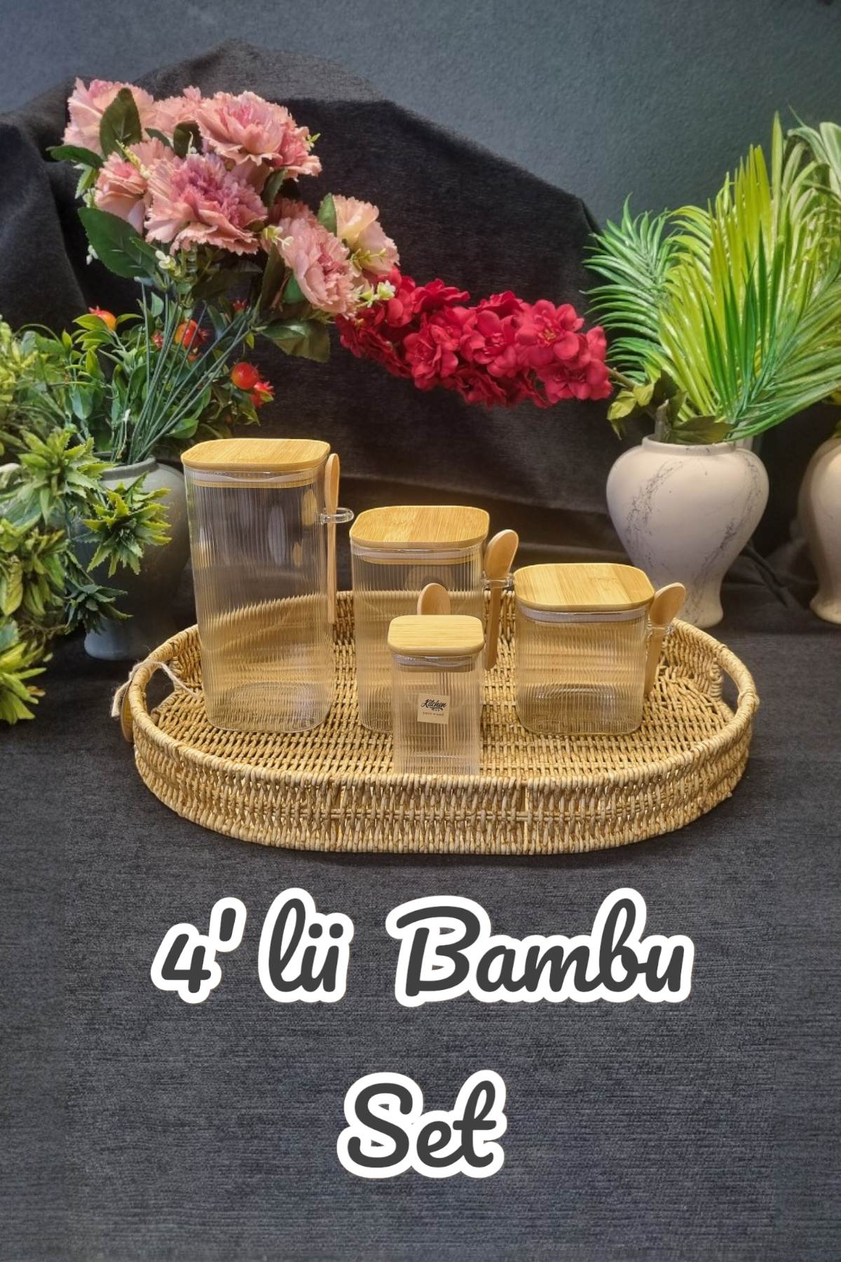 Kitchen Way Bambu Kapaklı ve Kaşıklı Contalı 4'lü Set Kavanoz Çizgili Tasarım KW-373A-B-C-D