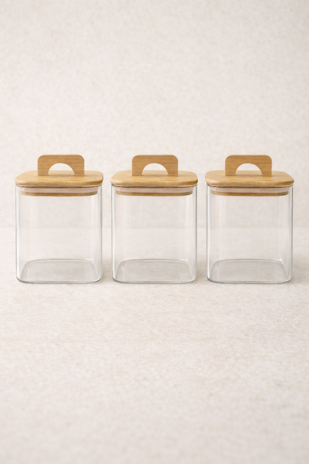 Bambu Conta Kapaklı 3'lü Borosilikat 750ml Kare Kavanoz Seti KW-779