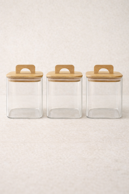 Bambu Conta Kapaklı 3'lü Borosilikat 750ml Kare Kavanoz Seti KW-779