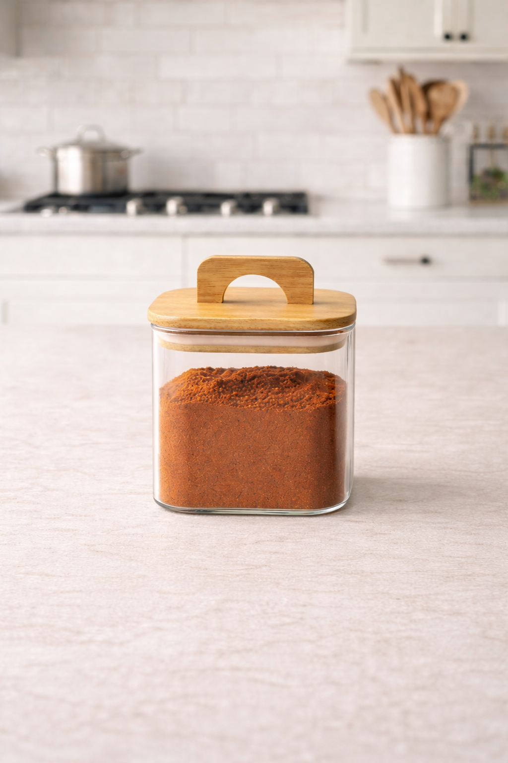 Bambu Conta Kapaklı Borosilikat 750ml Kare Kavanoz KW-779