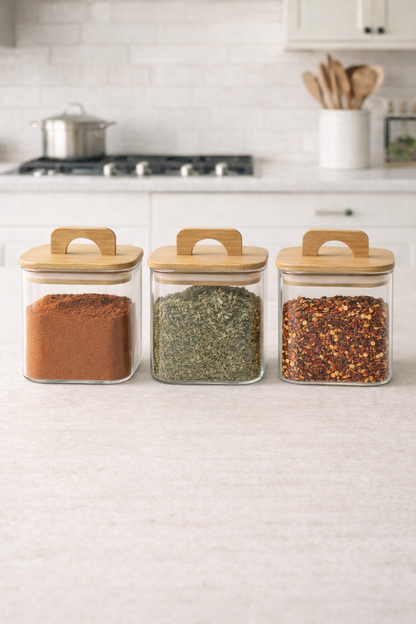 Bambu Conta Kapaklı 3'lü Borosilikat 750ml Kare Kavanoz Seti KW-779