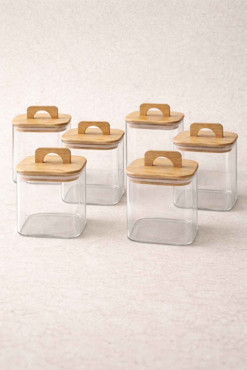 Bambu Conta Kapaklı 6'lı Borosilikat 750ml Kare Kavanoz Seti KW-779