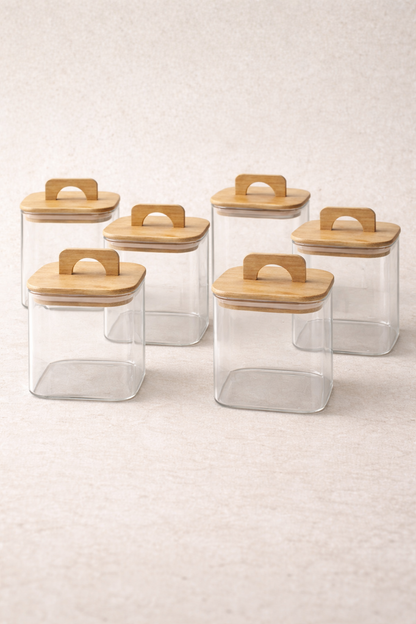 Bambu Conta Kapaklı 6'lı Borosilikat 750ml Kare Kavanoz Seti KW-779