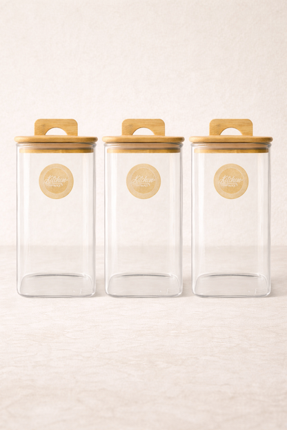 Bambu Conta Kapaklı 3'lü Borosilikat 1500ml Kare Kavanoz Seti KW-781