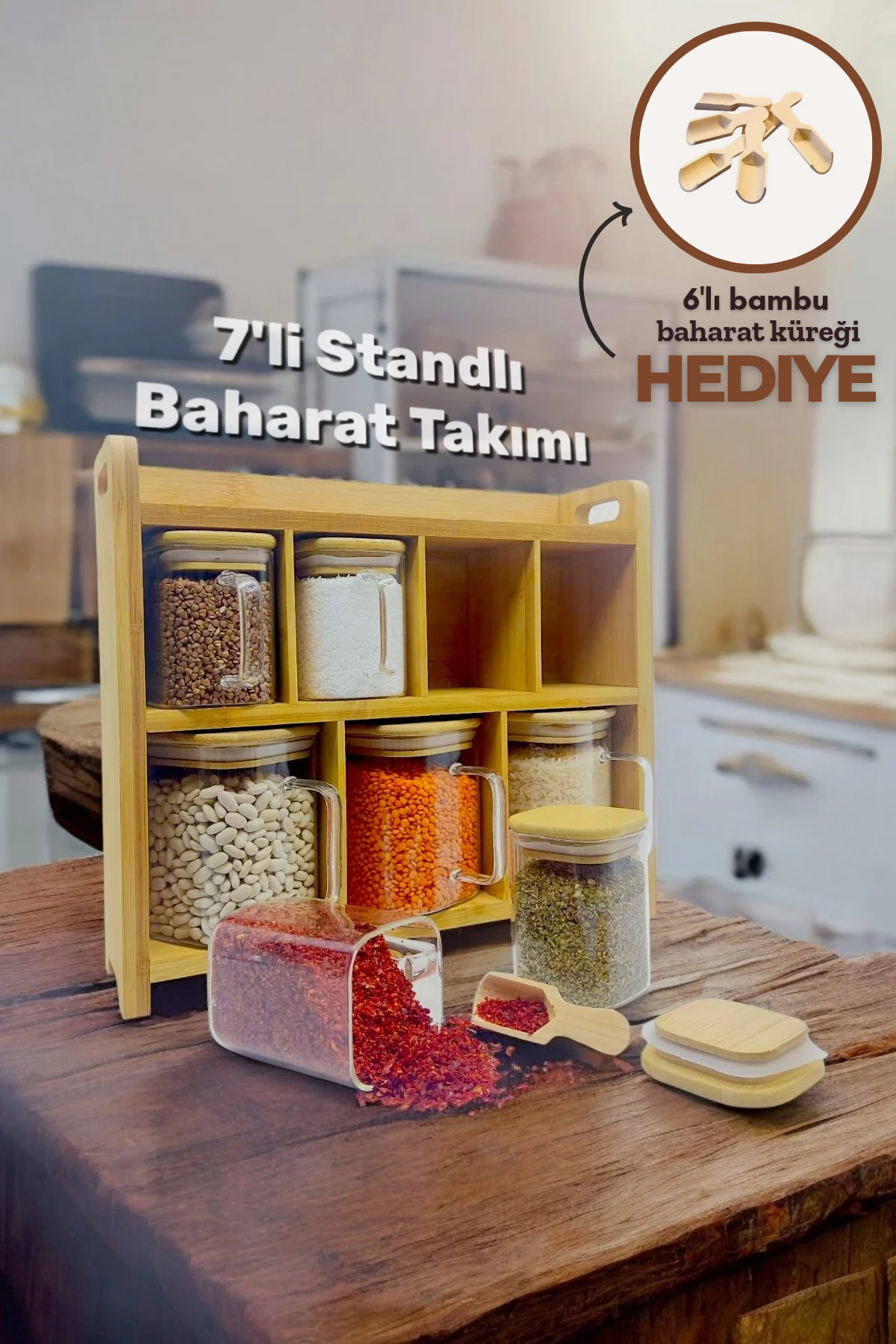 Kitchen Way Bambu Standlı 8 Parça Baharatlık Set KW-383
