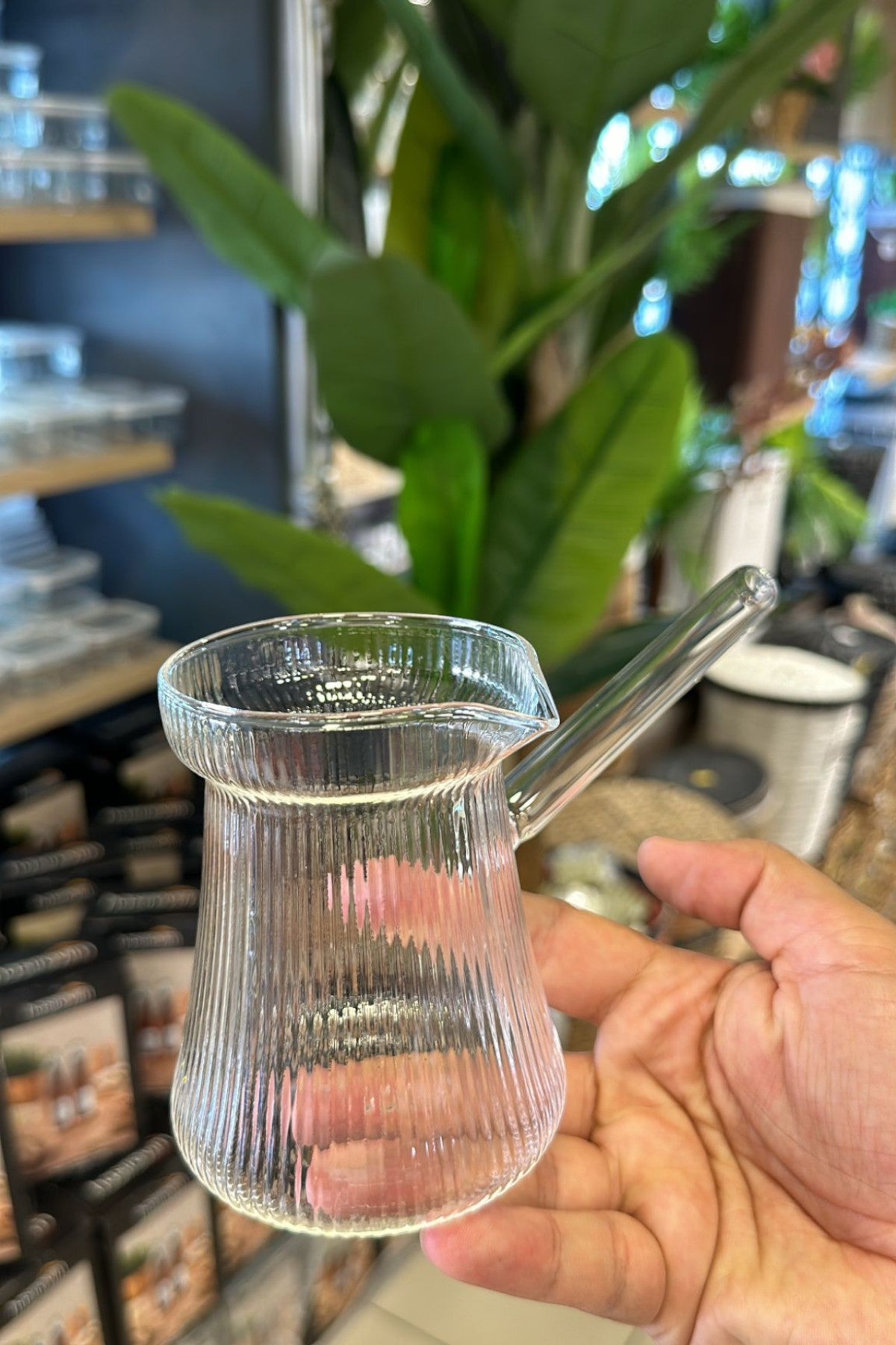 Borosilikat 300ML Çizgi Desenli Cam Cezve KW-066