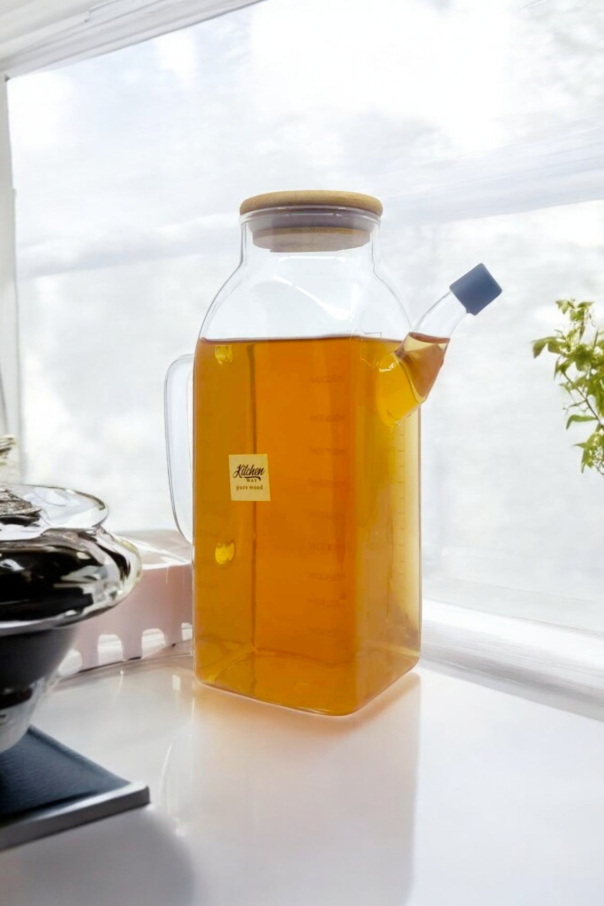 Borosilikat 1 Litre Bambu Kapaklı Contalı Cam Yağdanlık KW-081