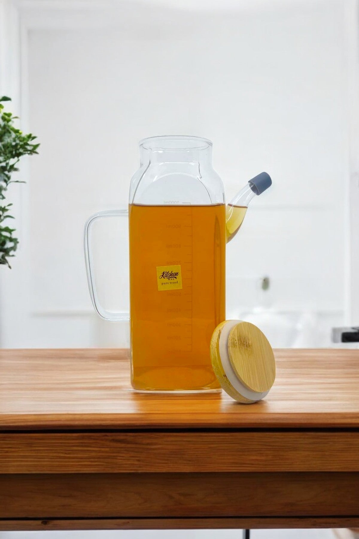 Borosilikat 1 Litre Bambu Kapaklı Contalı Cam Yağdanlık KW-081